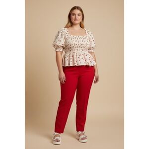 Cherry Print Smocked Peplum Top Puff Sleeve White Red Size 2XL Coquette